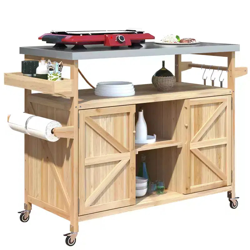 Okak Outdoor-Kücheninsel mit Edelstahlplatte, Holzküchenwagen mit Türen, Regalen und Gewürzregal, rollende Kücheninsel