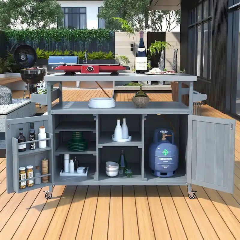 Outdoor-Kücheninsel, rollbarer Barwagen und Aufbewahrungsschrank, Massivholz-Grilltisch mit Edelstahlplatte, Gewürzregal, Handtuchhalter