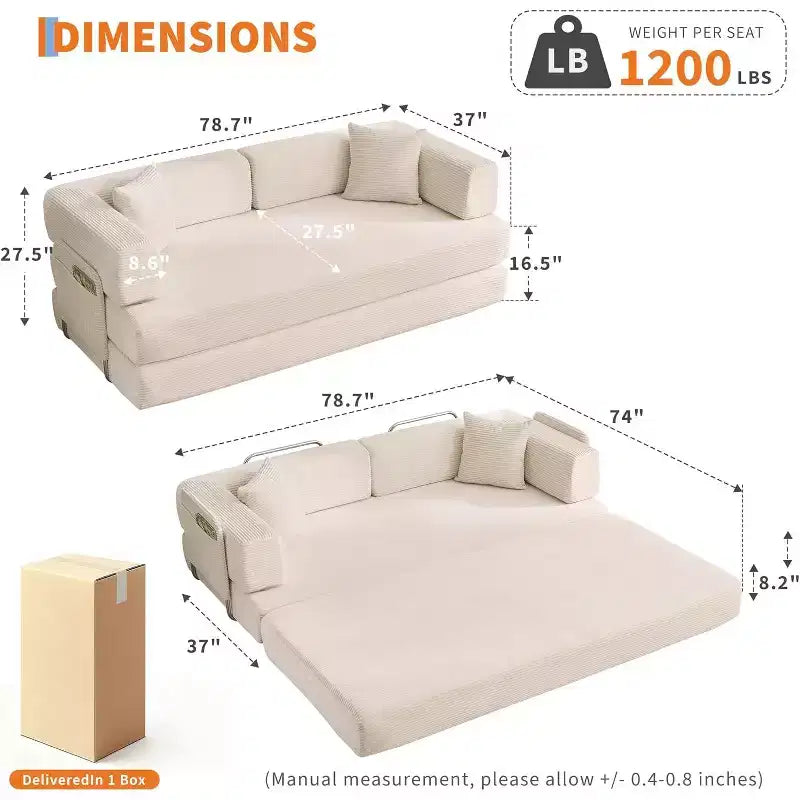 5-in-1 Schlafsofa, 78.8 Modulares Cord-Schlafsofa mit stabilem Rahmen, Multifunktions-Futon für kleine Räume, Wohnzimmer und Gästezimmer