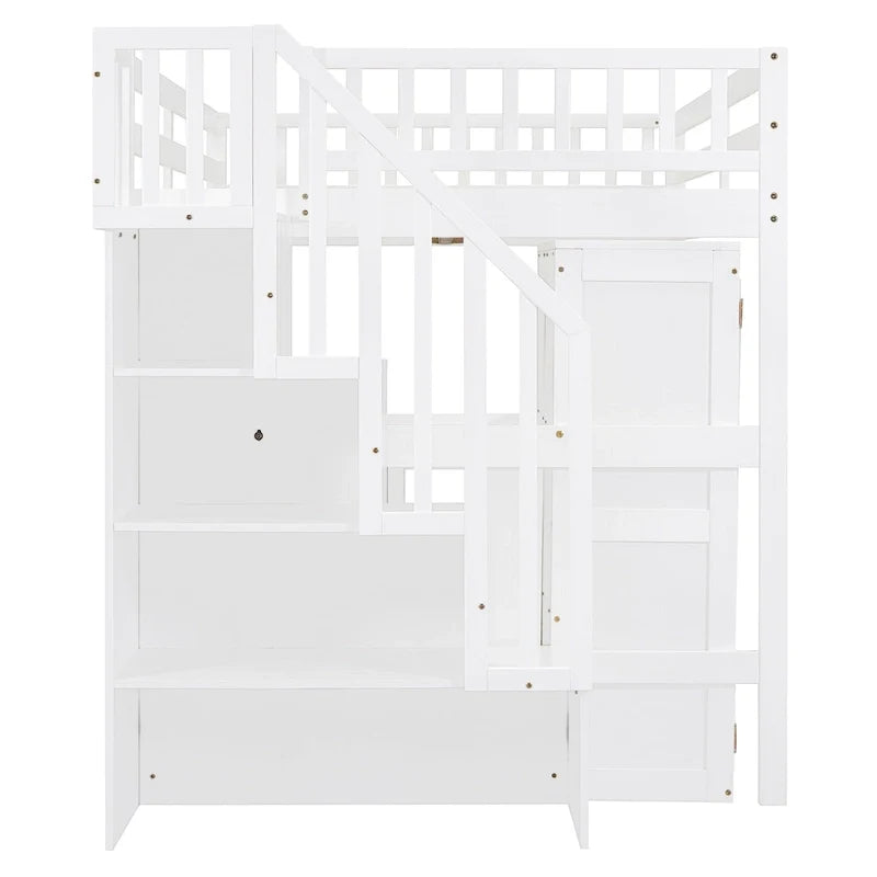 Doppelbett-Hochbett mit Treppe, Bücherregal, Schreibtisch und Kleiderschrank – platzsparendes Multifunktionsmöbel für Kinder & Jugendliche – Weiß
