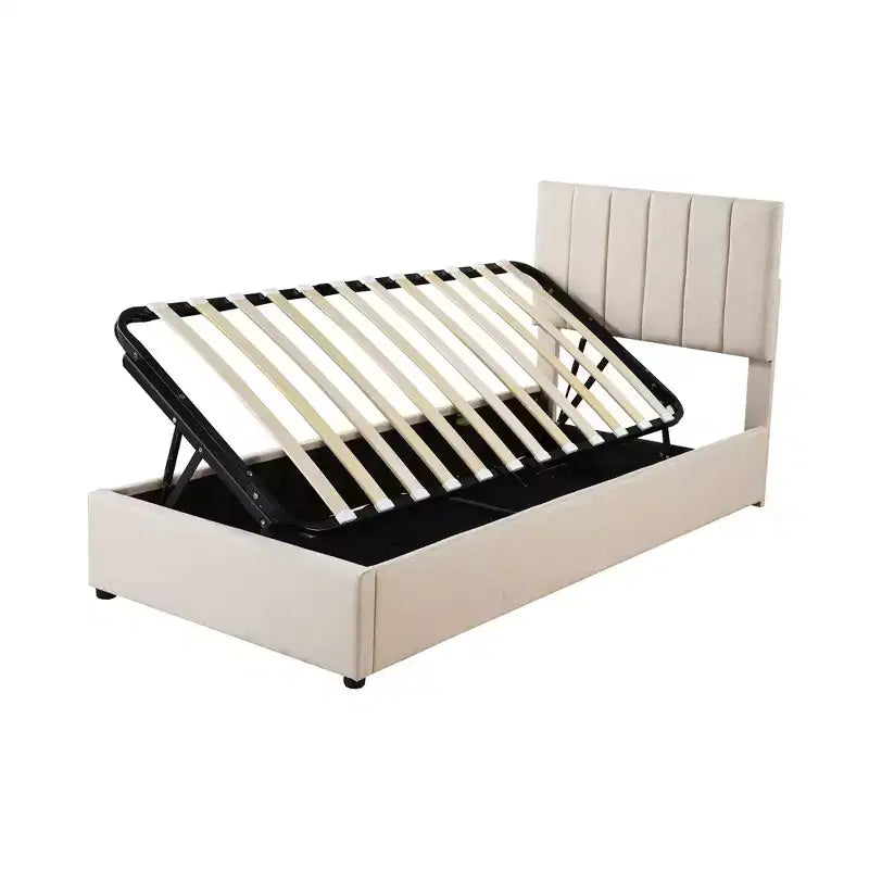 Bellemave Einzelbett mit Hochklappfunktion, Gepolstertes Plattformbett mit hydraulischem Aufbewahrungssystem, Kopfteil mit vertikalen Streifen, Beige