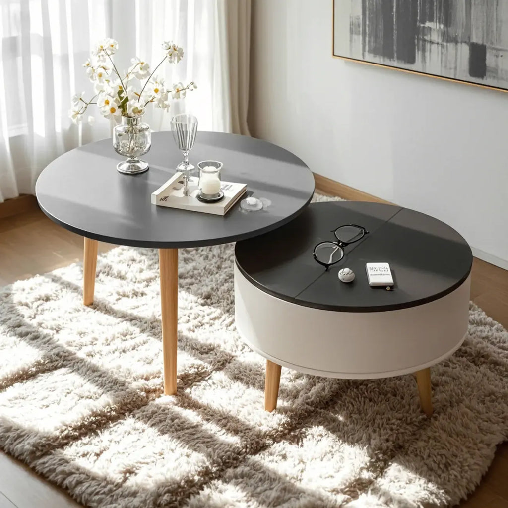 Schwarz Weiß Moderner Runder Couchtisch aus Holz mit Stauraum