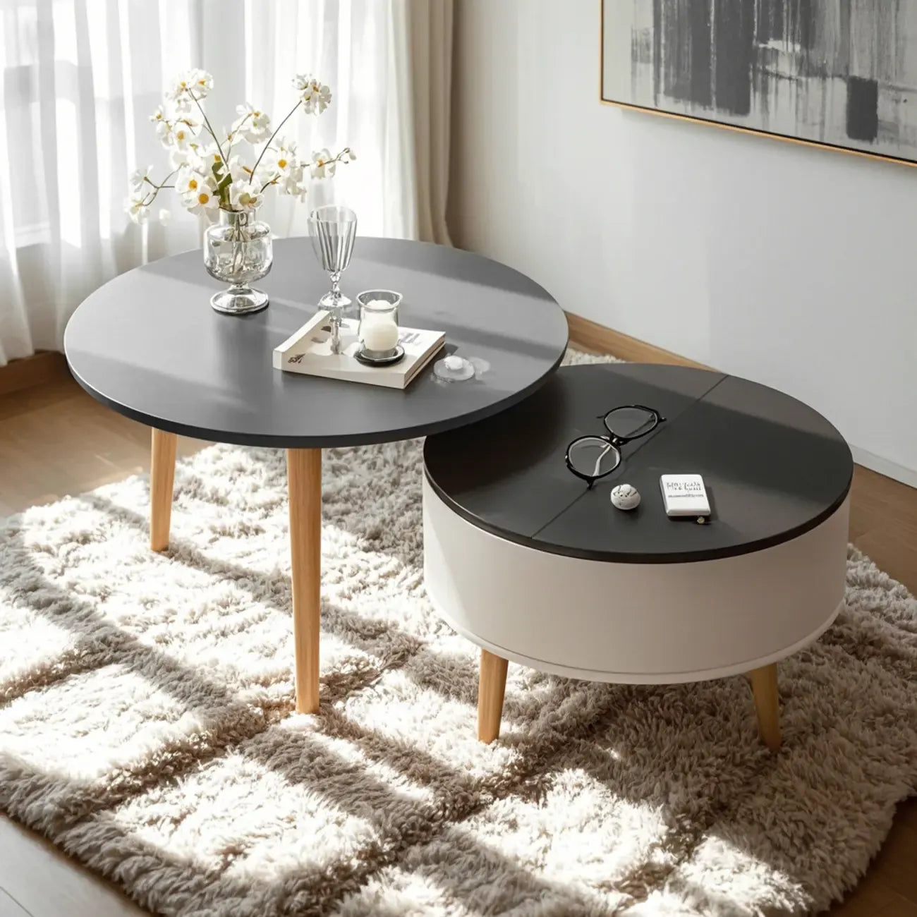 Schwarz Weiß Moderner Runder Couchtisch aus Holz mit Stauraum