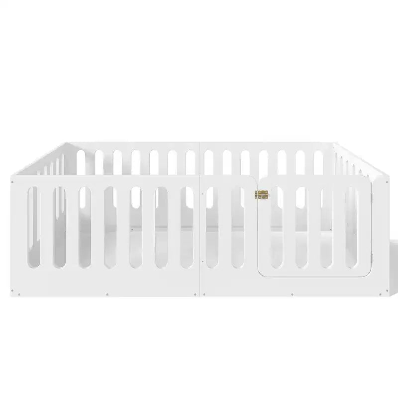 Weißes Twin Montessori Bodenbett mit Zaungittern & Tür – Massivholz, 1 Kind