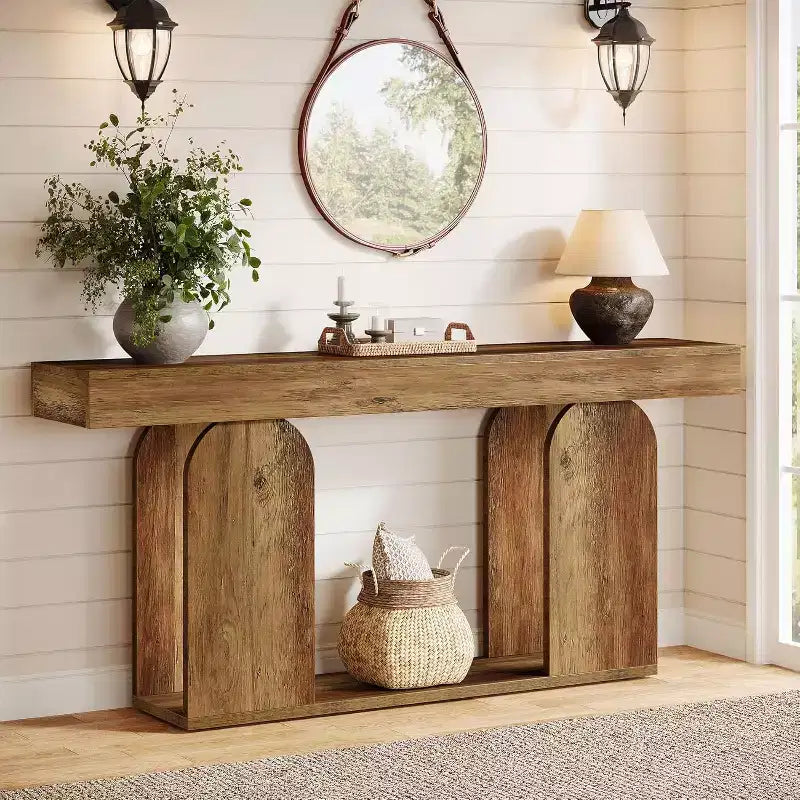 Lantine 70,9 Zoll extralanger Konsolentisch im Landhausstil mit 2-stöckigem Holzregal, geeignet für Flur, Wohnzimmer, Eingangsbereich, Vintage Braun.