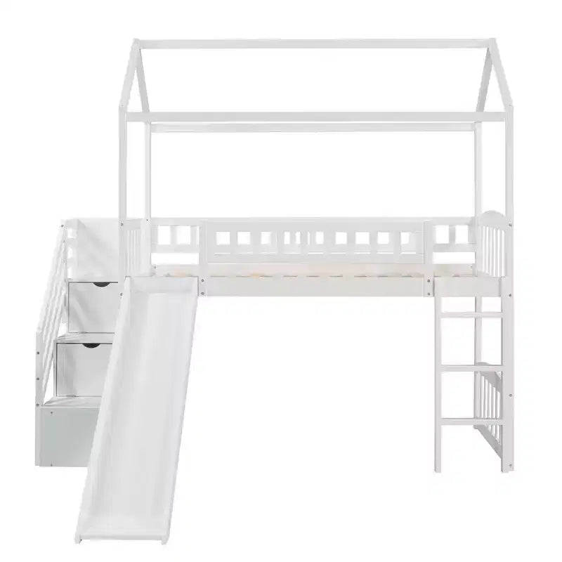 Doppelhaus-Hochbett mit Rutsche und Treppe, Hochbett mit Aufbewahrungsschubladen, Holzhaus-Hochbett für Kinder und Kleinkinder