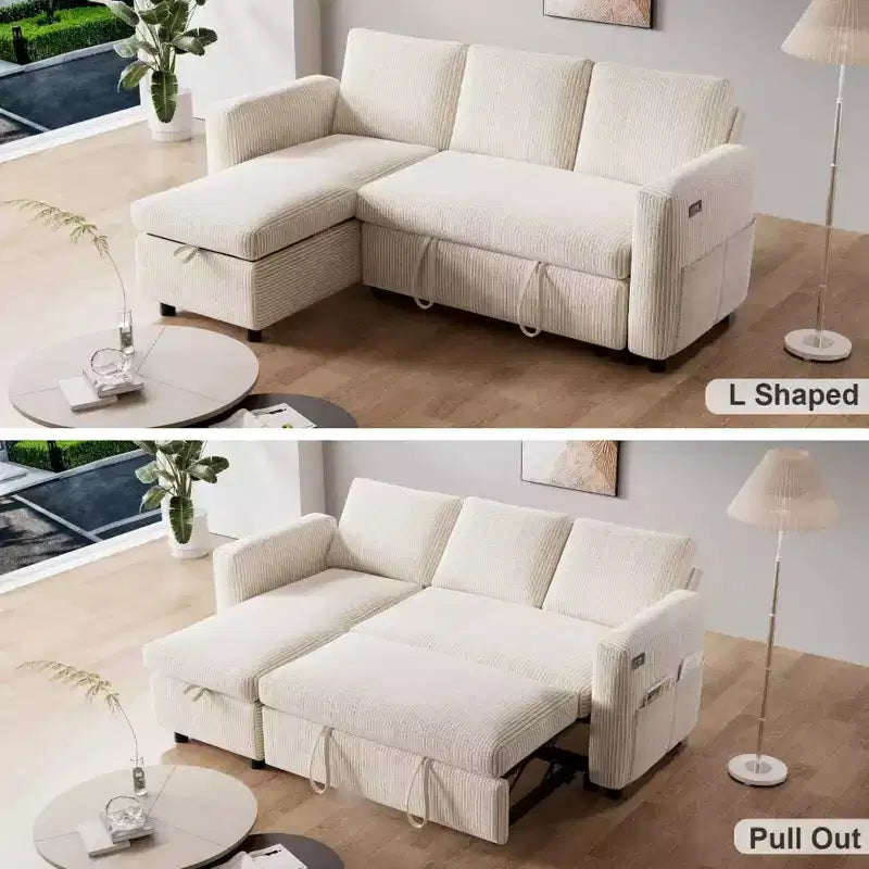 Dyonery 2-in-1 Schlafsofa ausziehbar mit Stauraum-Recamiere, Cord-Ecksofa mit USB-Anschlüssen für das Wohnzimmer
