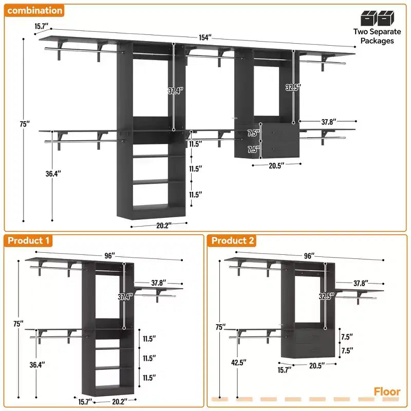Freistehendes Schranksystem mit 8 Kleiderstangen und Schubladen, hängender Schrank-Organizer mit 10 Ablagen