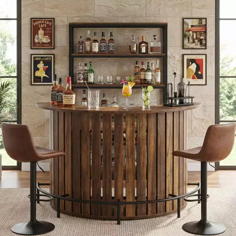 Bogenförmiger 4-stöckiger Mini-Bar-Tisch, moderner rustikaler Hausbarschrank mit Fußstütze und MDF-Konstruktion