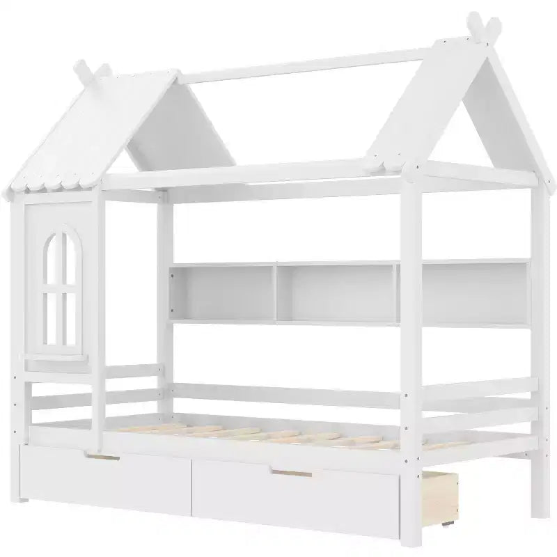 Haus-Plattformbett mit Aufbewahrungsschubladen und Fenster, Massivholzrahmen mit Regalen, kindgerechtes, lustiges Design, Hellweiß