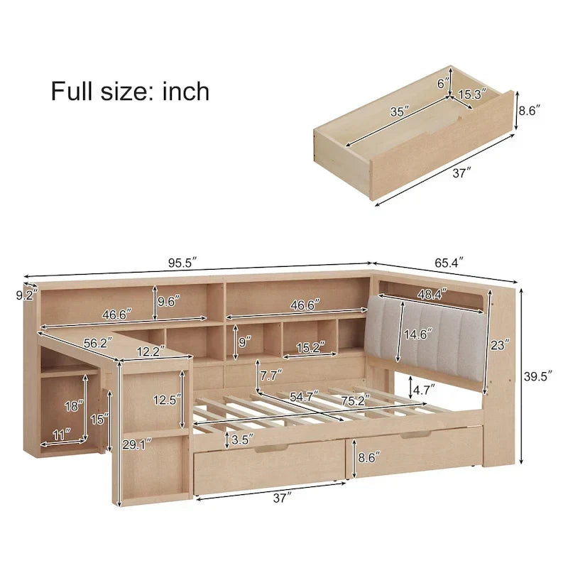 L-förmiges Holzsofa-Tagesbett mit Schreibtisch, Bücherregal, Eckbett mit Schubladen unter dem Bett, gepolstertem Kopfteil und integrierter Beleuchtung