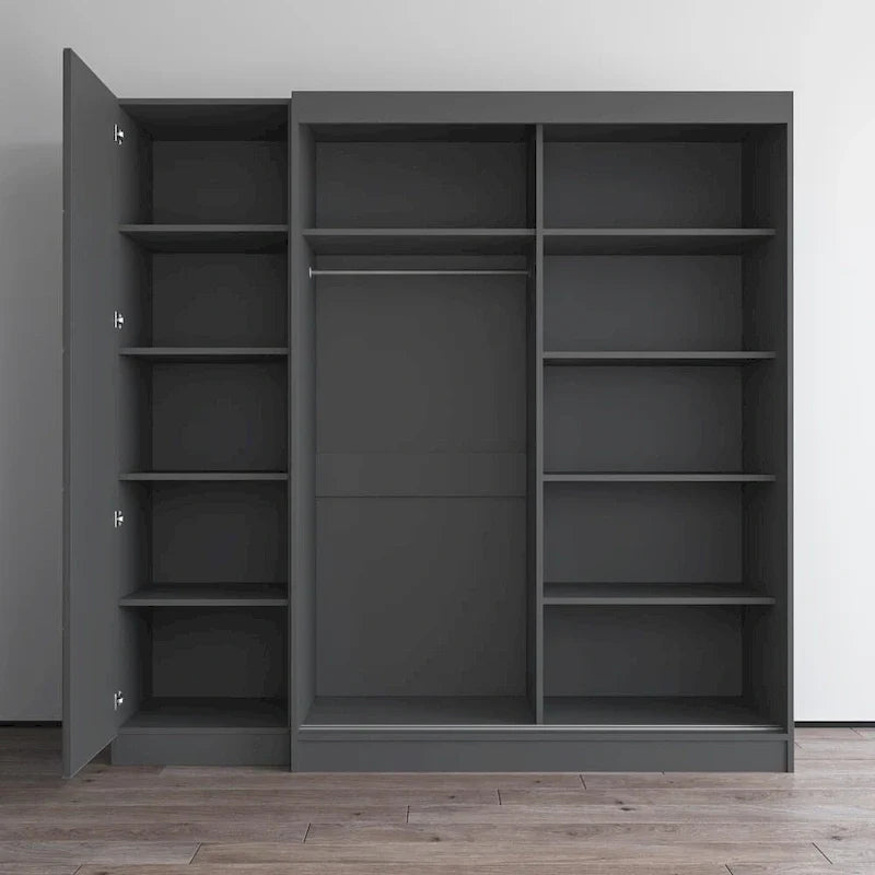 2-türiger Kleiderschrank mit Spiegel, Glasfront, 2-Personen (Grau / Schwarz / Weiß)