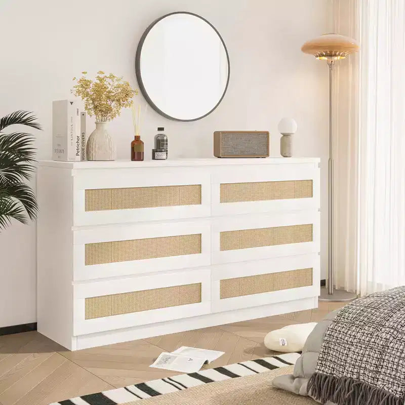Rattan-Kommode für Schlafzimmer mit 6 Schubladen, 47" moderne Farmhouse breite Kommode, Holz-Aufbewahrungsschrank-Organizer für Kleiderschrank, Wohnzimmer, Flur