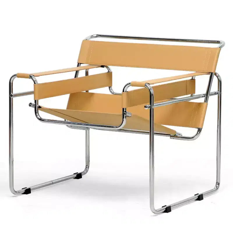 Baxton Studio Jericho Mid-Century Modern Akzentsessel aus Leder, Hellbraun: Chrom-Finish, Bodenschonende Füße, vollständig zusammengebaut