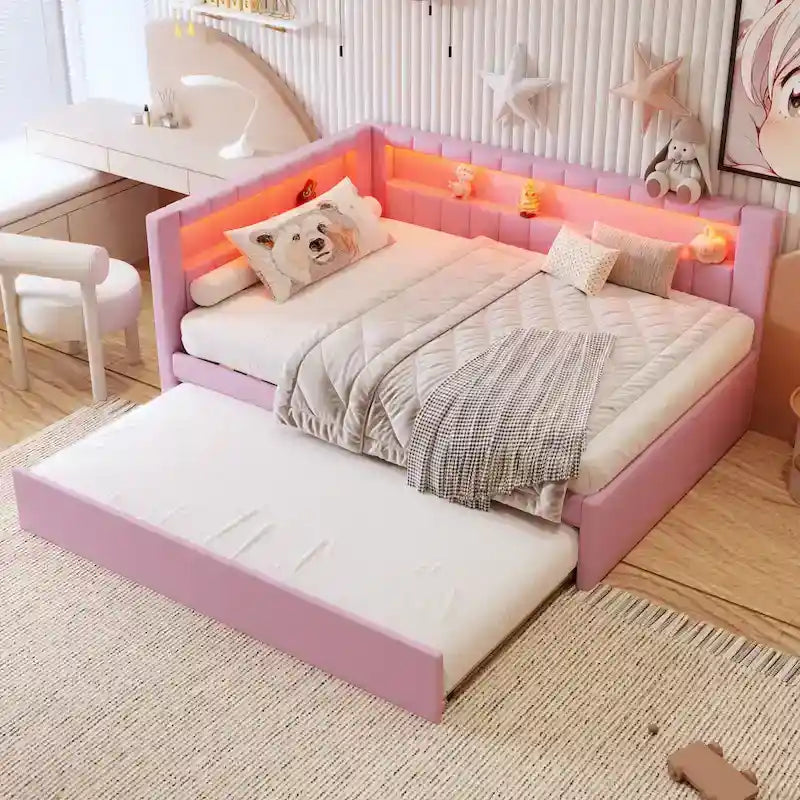 Gepolstertes Plattformbett mit USB-Anschlüssen & LED-Beleuchtung – Einzel-/Doppelbettgestell mit 2 Schubladen – Modernes Schlafzimmer