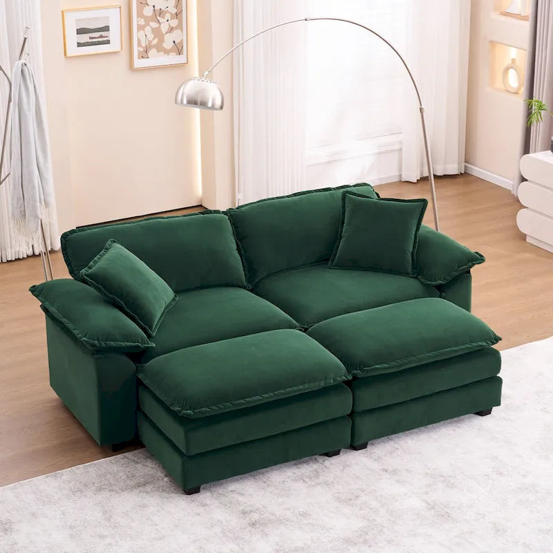 2-Sitzer-Sofa mit 2 Kissen, 2 Polstern und 2 Hockern, bequemes Sofa – Tiefes Wohnzimmersofa, Modulsofa