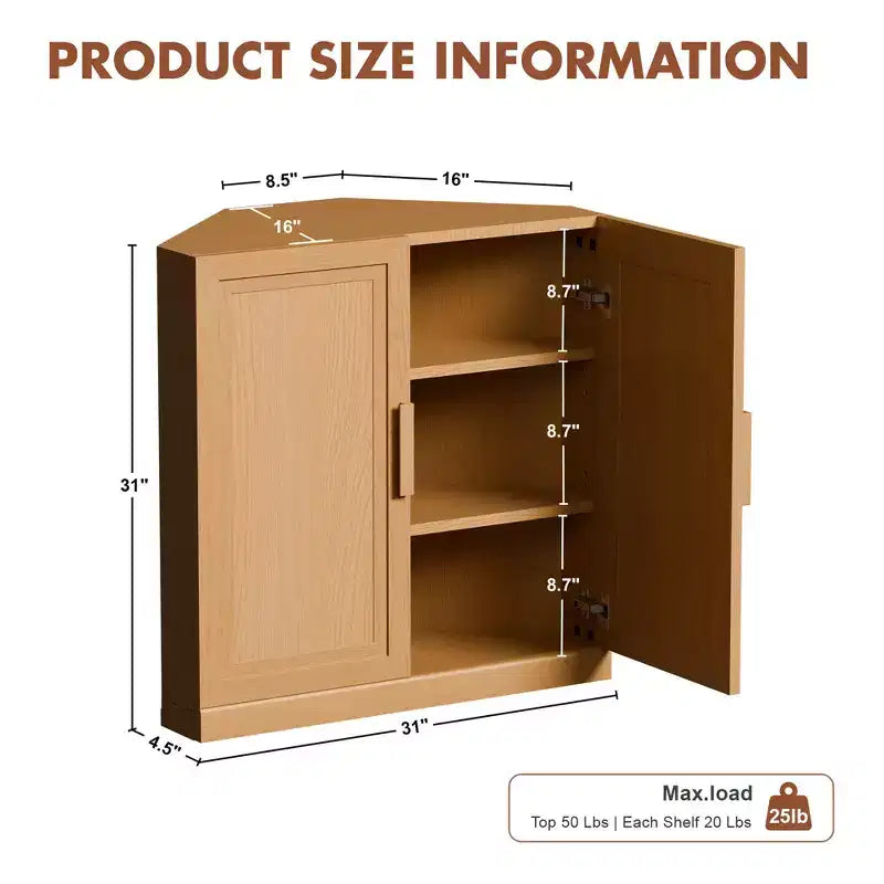 Dovelina Eckschrank mit verstellbaren Einlegeböden, Anrichte, Buffet, Weinschrank, Küchen- und Esszimmerschrank mit Holztüren – 31H x 31W, 36H x 31W