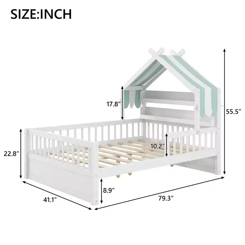 ModernLuxe Hausbett aus Holz für Zwillinge/Standardgröße mit Stauraum-Kopfteil, Kinderbettgestell aus massivem Kiefernholz mit Rausfallschutz