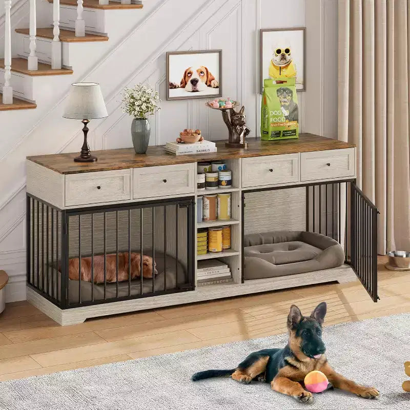 82" Doppel-Hundebox Möbel, großer Hundezwinger für 2 Hunde, robuster TV-Ständer aus Holz mit 4 Schubladen und Regalen