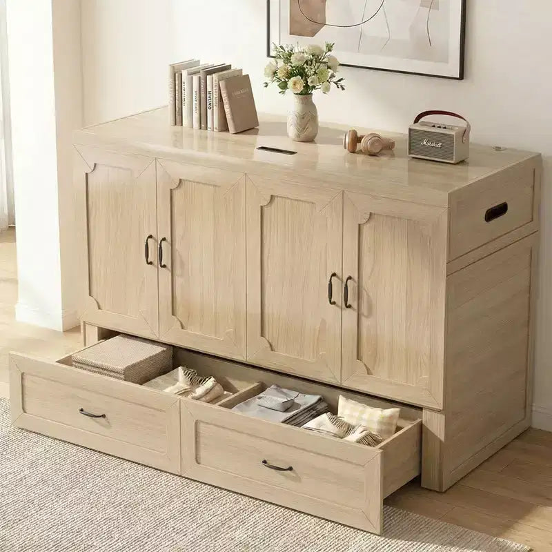 Mjkone Queen-Size-Schrankbett mit Matratze, USB-Ladeanschluss und Aufbewahrungsschubladen