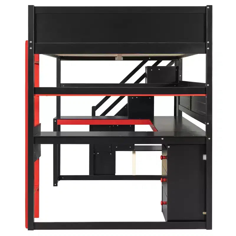 GDFStudio Scott hölzernes Gaming-Hochbett mit Stauraumtreppe, Schreibtisch, Regalen und Lochwand