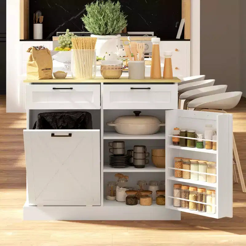 HOMCOM Mülleimer-Schrank mit Kippfunktion und Schubladen, Bauernhaus Küchenschrank mit verstecktem Mülleimer für die Küche