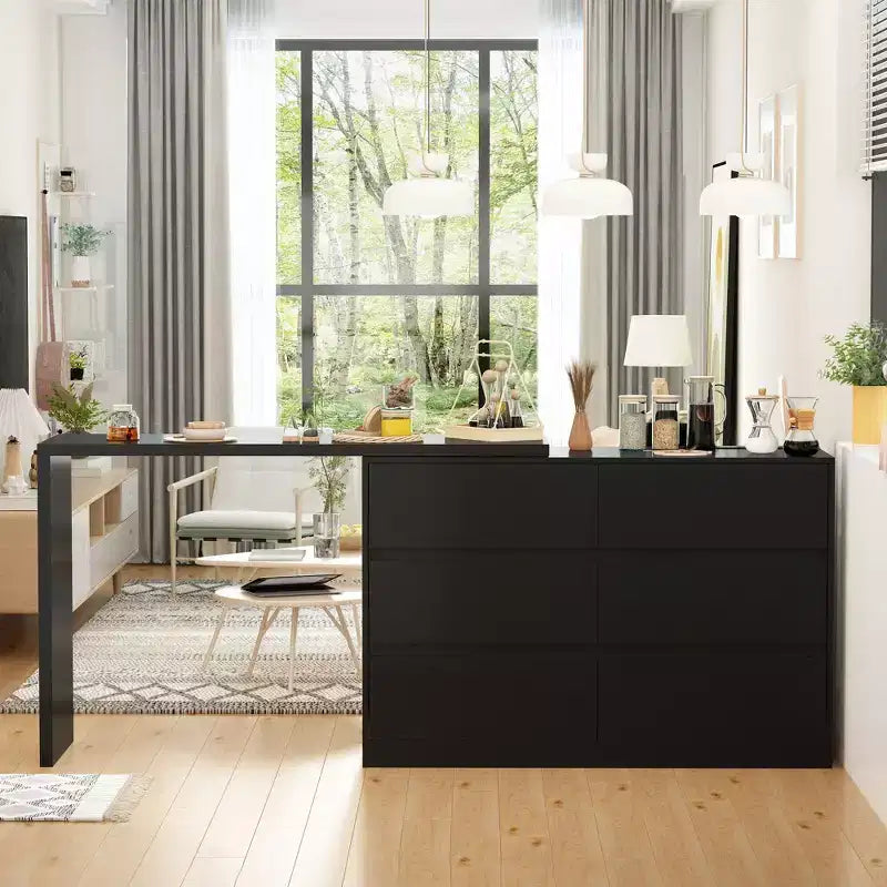 Intelligentes, drehbares/ausziehbares Buffet-Sideboard mit 6 Schubladen, erweiterter Arbeitsplatte, rutschfester Matte, drehbarem Esstisch, Kücheninsel-Vorratskammer