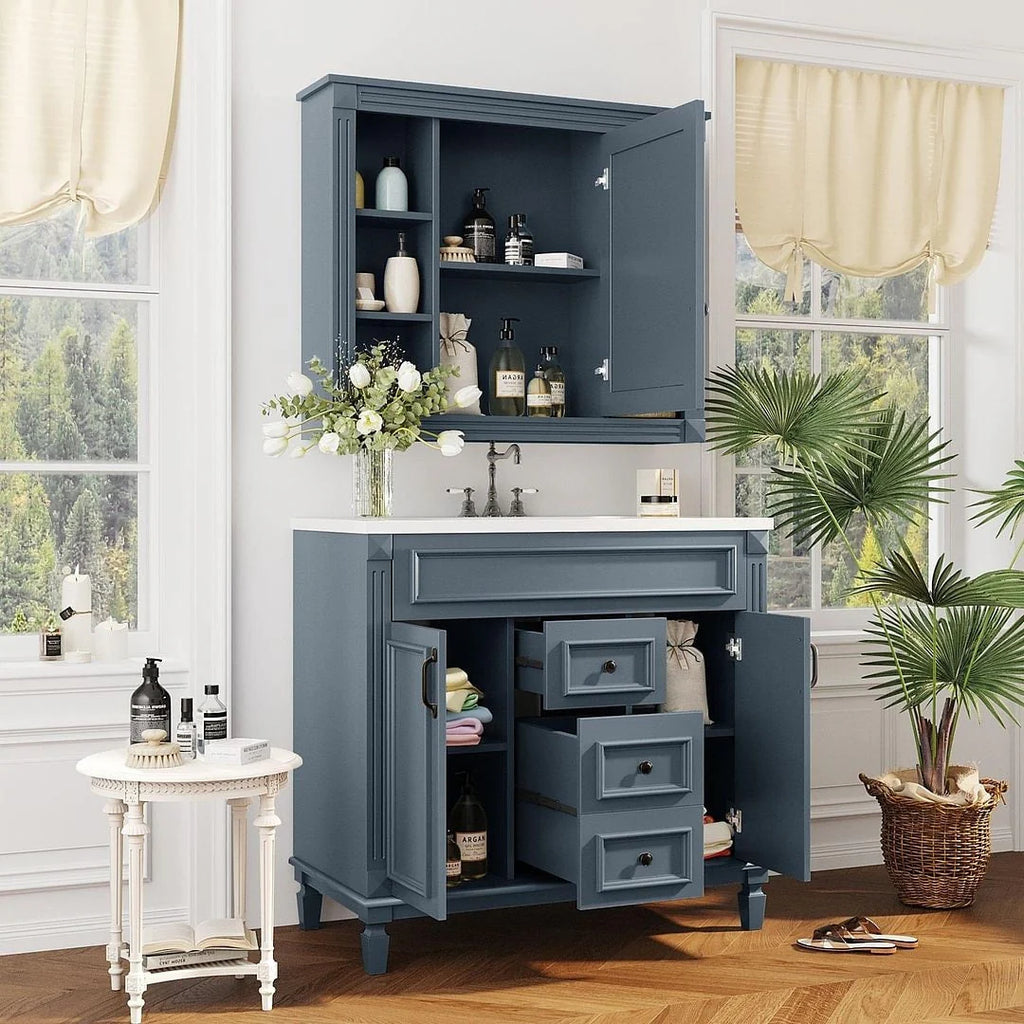Moderner 36'' Badschrank mit Aufsatzwaschbecken und Spiegelschrank, 2 Türen und 2 Schubladen