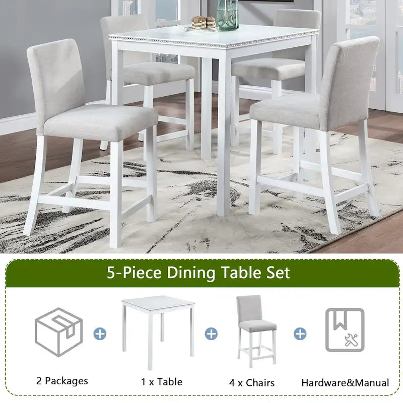 Modernes 5-teiliges Esszimmer-Set mit quadratischem Tresenhochtisch und 4 gepolsterten Stühlen