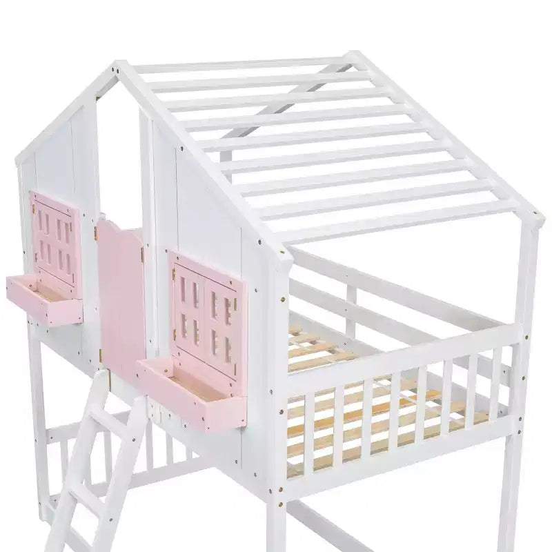 Doppel-Loftbett in Hausform, Holzspielhaus-Loftbett mit Leiter und Schutzgittern für Kinder