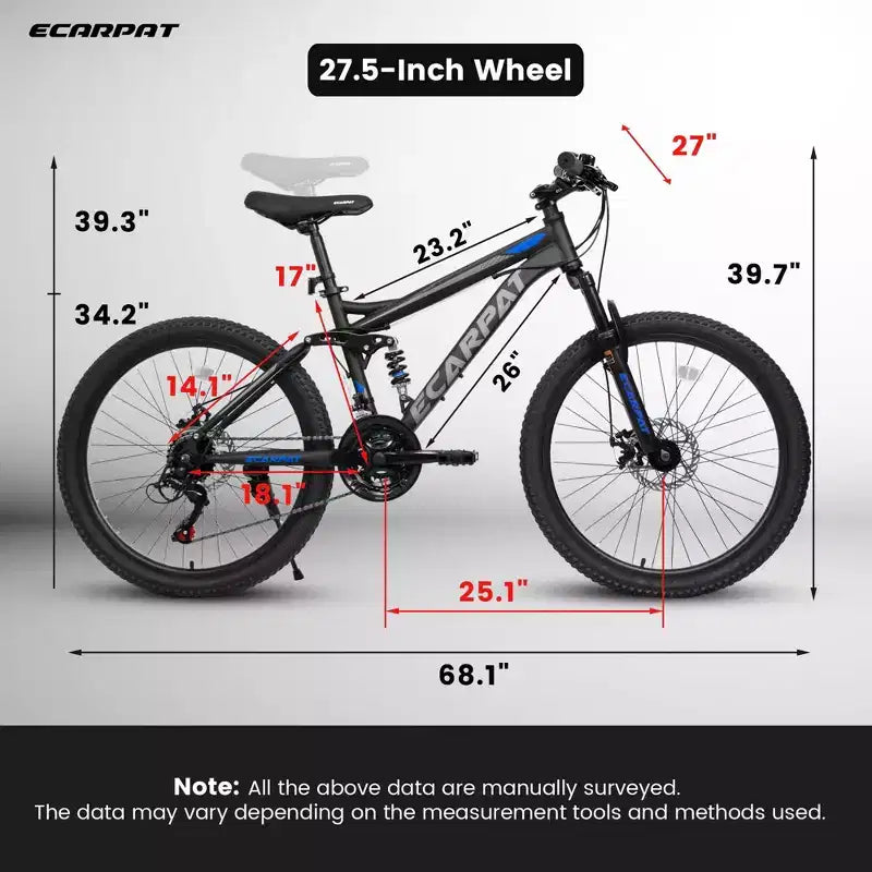 Okak 27,5 Zoll Mountainbike mit doppelter Federung vorne und hinten, 21-Gang Dirt Bike mit mechanischer Scheibenbremse, Erwachsenenfahrrad für Herren und Damen