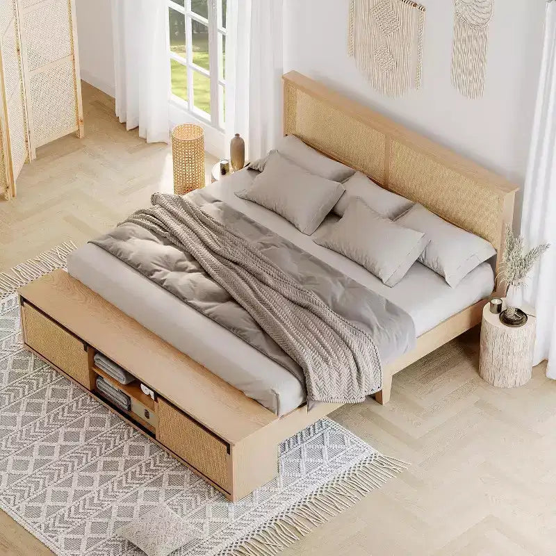 Boho Farmhouse Bettrahmen aus Naturrattan mit Schiebetür-Stauraum und LED-Kopfteil, Massivholz-Stützbeine.