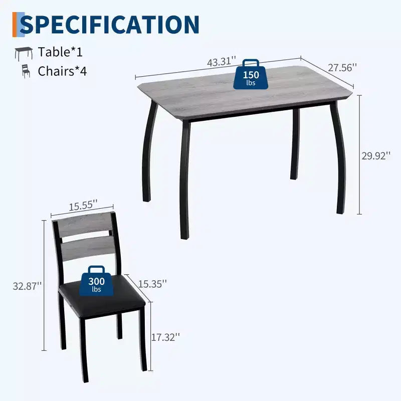 5-teiliges Küchen-Tisch- und Stuhlset mit Metallrahmen und abgeschrägtem Design