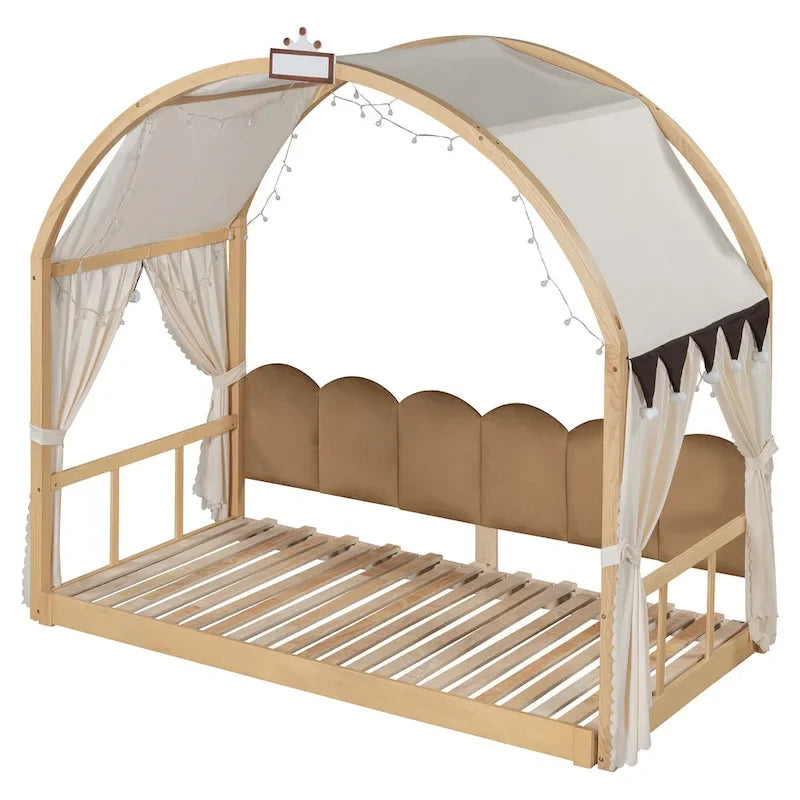 Massivholz-Spielhaus-Plattformbett, Montessori-Bettrahmen mit gewölbtem Dach und Ausziehbett für Mädchen und Jungen