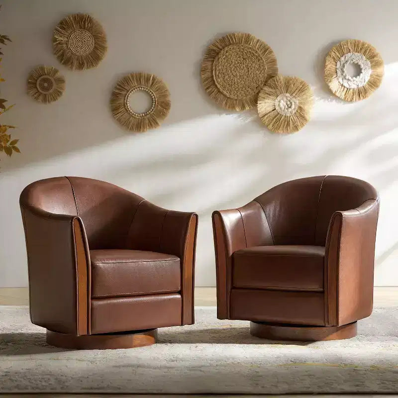 Pocono Transitional Fasssessel aus echtem Leder mit Drehfunktion und Massivholzfuß, 2er-SetArtful Living Design