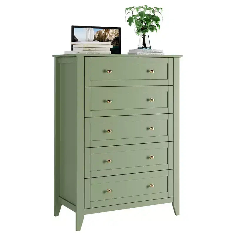 5-Schubladen-Kommode, 108 cm hoch, für das Schlafzimmer, Holzschrank mit 30 cm tiefen Schubladen und goldenen Metallgriffen, ideal für den Eingangsbereich oder Flur
