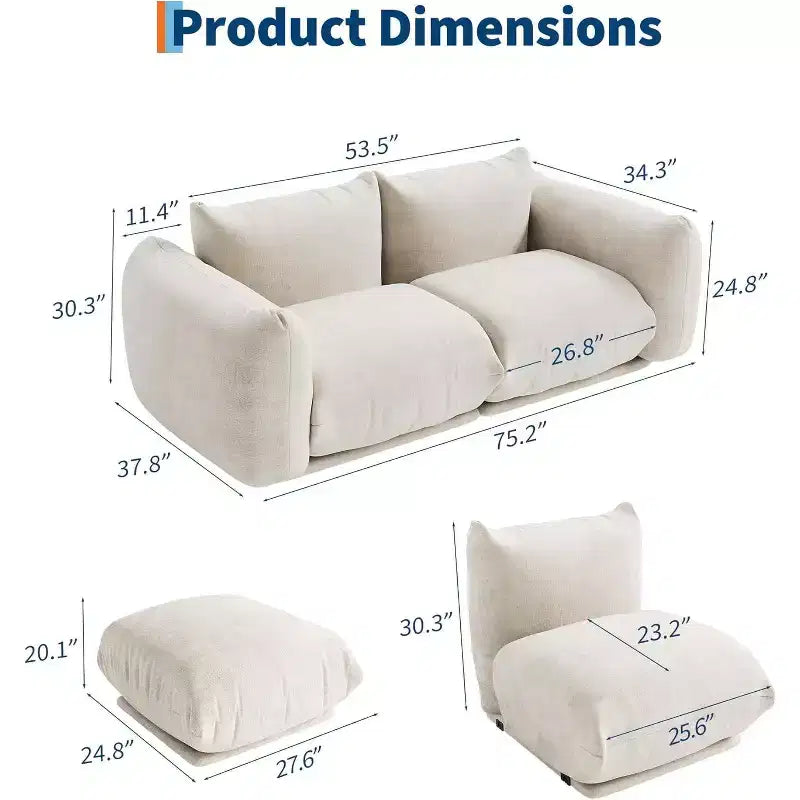 Modulares Chenille-Liebessofa, 2-Sitzer-Cloud-Sofa mit hochelastischem Schwamm, knochenloses Sofa für kleine Räume