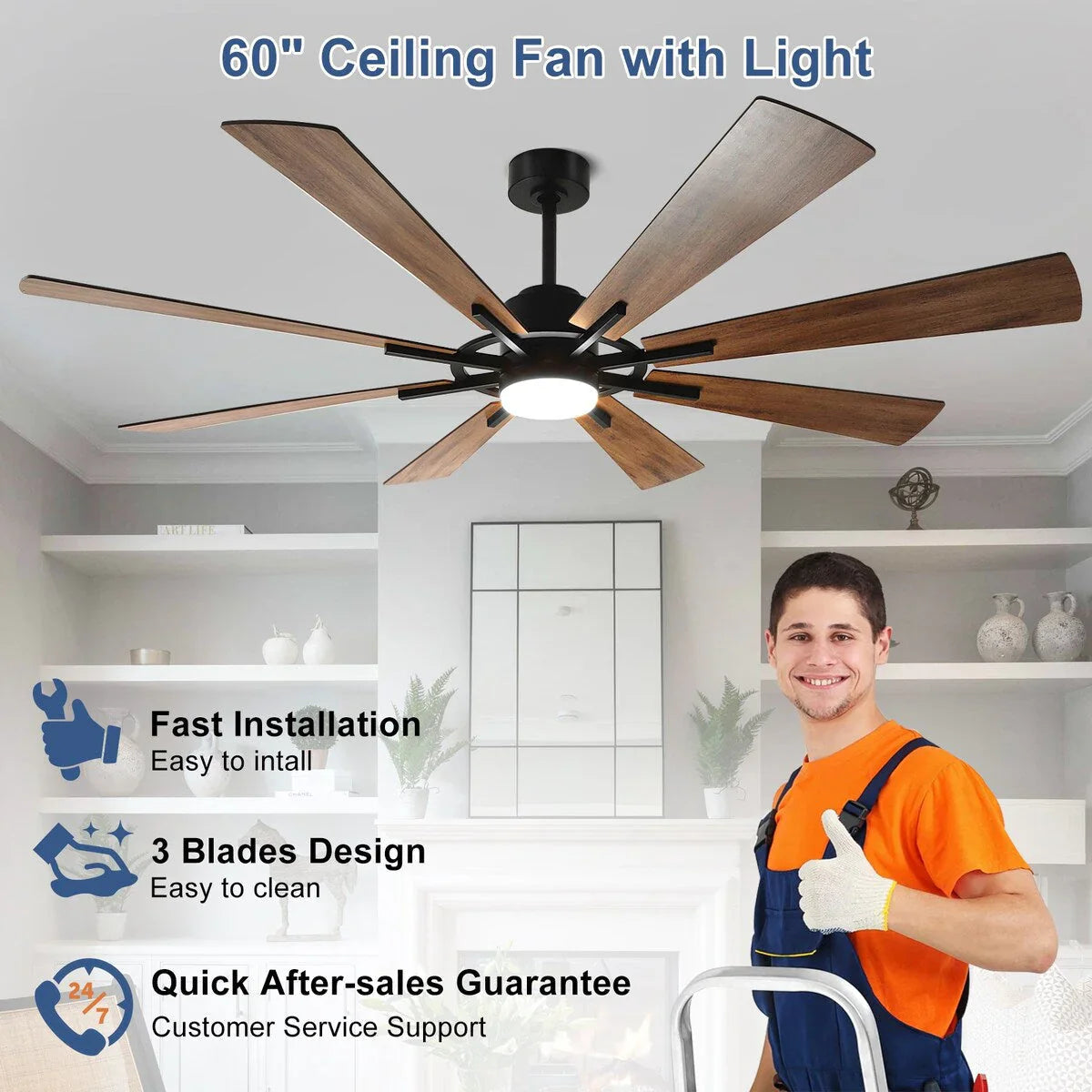 Deckenventilator mit Beleuchtung, Fernbedienung, groß, 8 Holzflügel