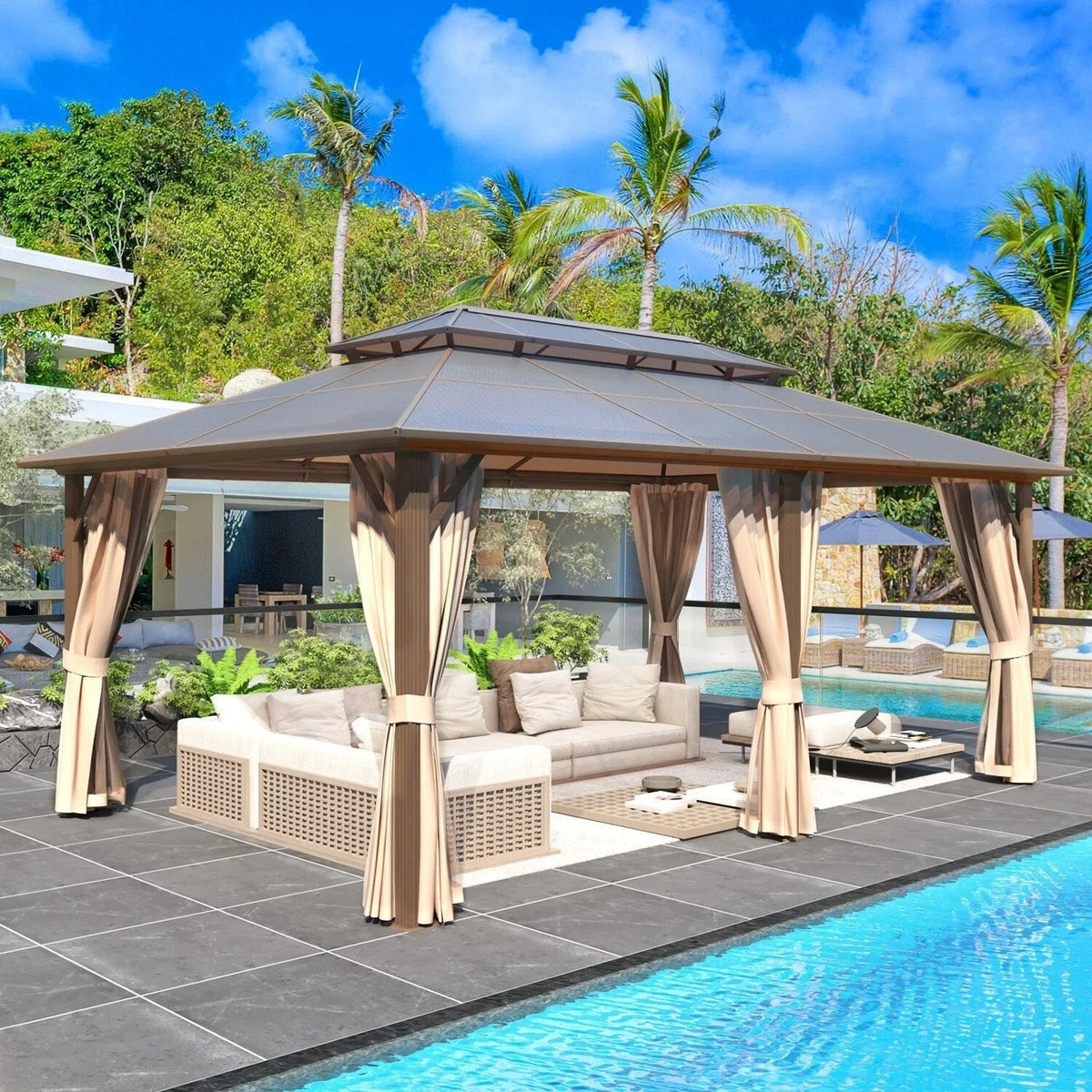 EROMMY Hardtop-Pavillon, Outdoor-Pergola mit Doppeldach & Netzen & Vorhängen, Hochleistungs-Canopy für Terrasse, Garten, Poolparty