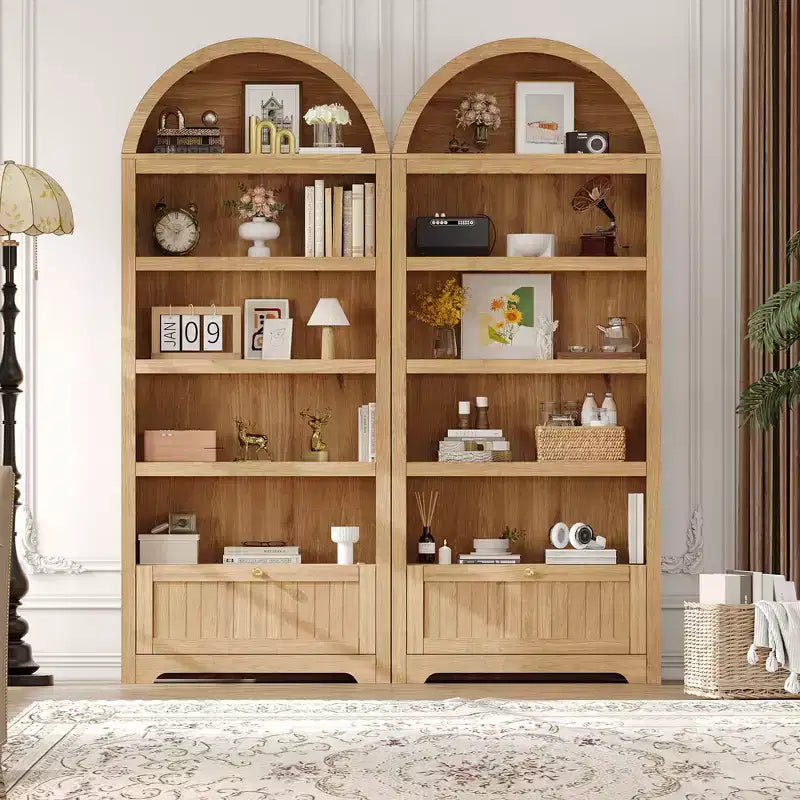 72" geschwungenes Bücherregal mit Aufbewahrungsschublade, modernes 6-stöckiges Holzregal mit offenen Fächern und unterer Schublade, gebogene Schranktür