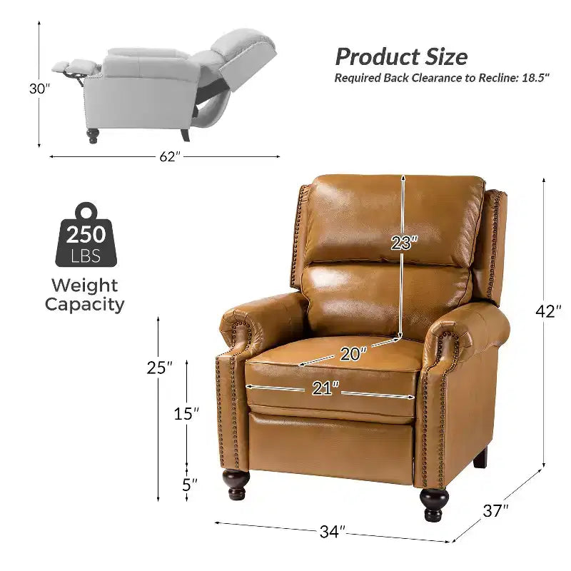 2er-Set Elisabete Modern Wingback Echtleder-Liegesessel mit Vintage-Nagelkopfleiste für Wohn- und Schlafzimmer | ART OF LIVING DESIGNS
