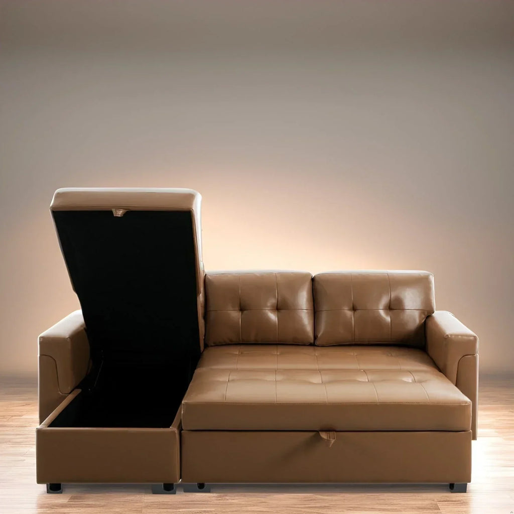 Verwandelbares, umbaubares Ecksofa mit ausziehbarem Schlafsofa, versteckter Aufbewahrung in der Récamiere und robusten Beinen