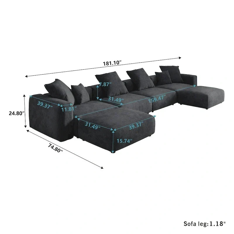 Großes modulares Ecksofa, Kordbezug, U-förmig, 4-Sitzer mit 2 Ottomanen und 5 Kissen