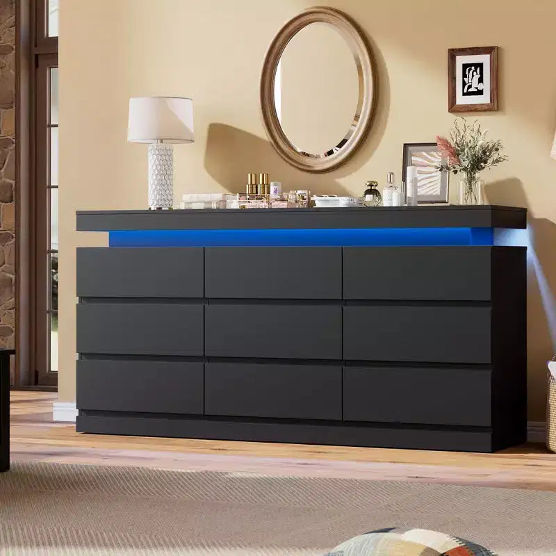 9 Schubladen Kommode für Schlafzimmer, Schubladenschrank mit Ladestation & LED-Beleuchtung, Doppel-Holz-Kleiderschrank, Moderne Kommode TV-Ständer