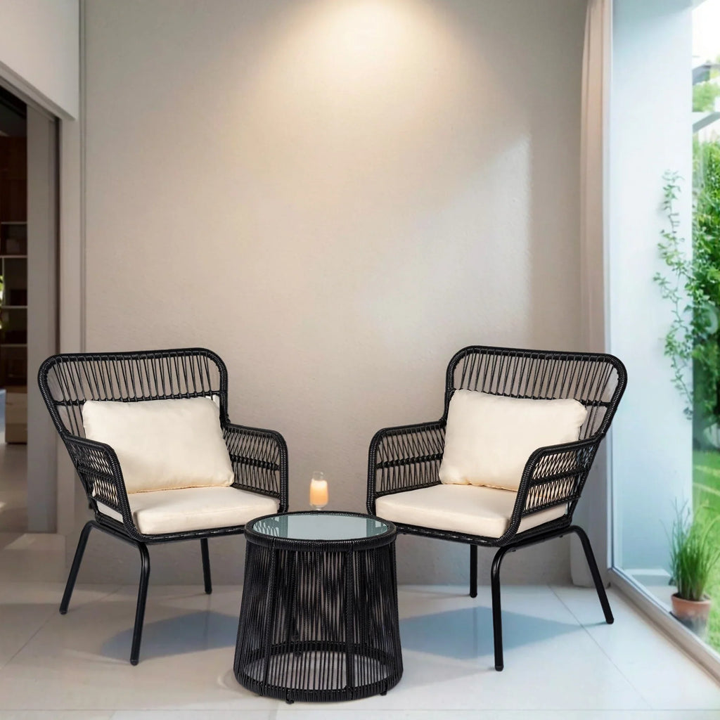 3-teiliges Outdoor-Bistro-Set aus Korbstühlen, witterungsbeständige Rattanmöbel-Sitzgruppe mit Kissen