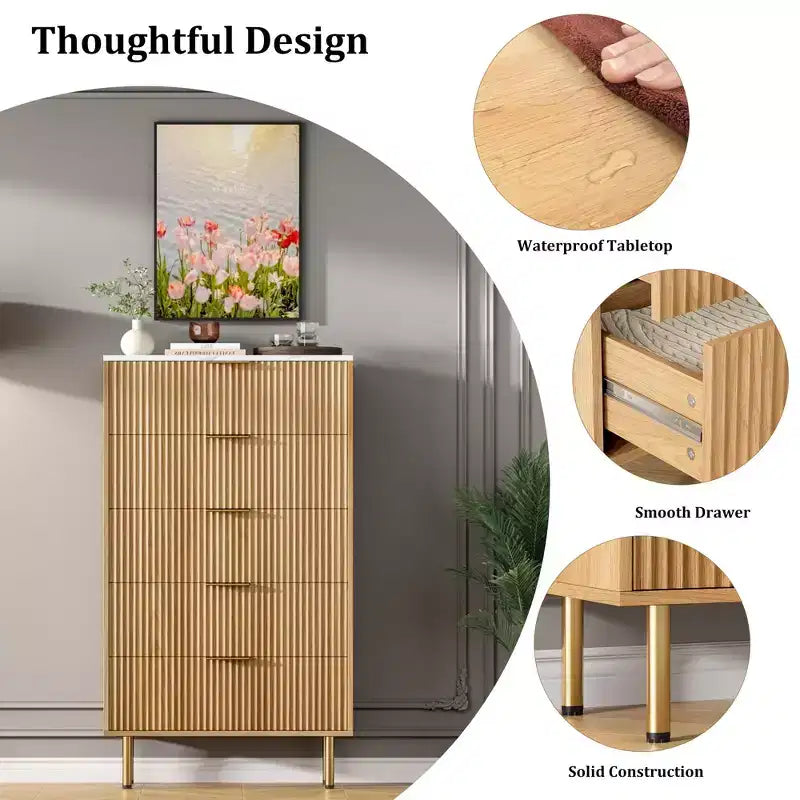 Weiß / Marmor & Holz Kommode mit 5 Schubladen – Geriffelte Platte, für 1 Person