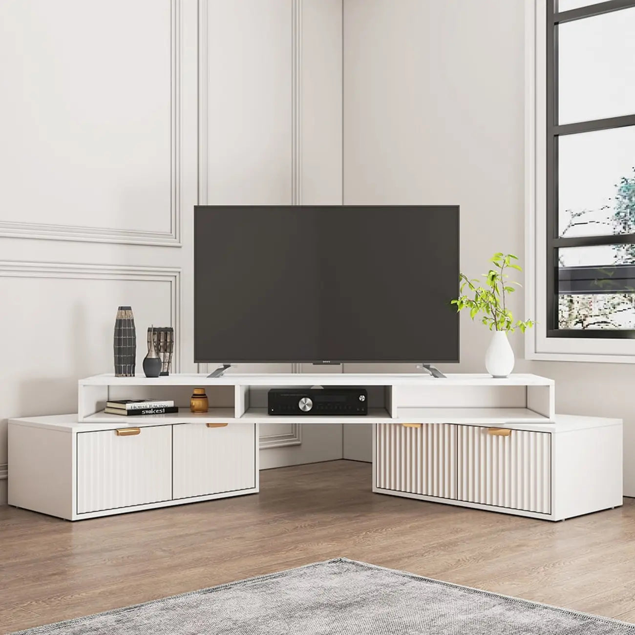 Moderner, weißer TV-Eckschrank mit 2 Schubladen und offenem Stauraum