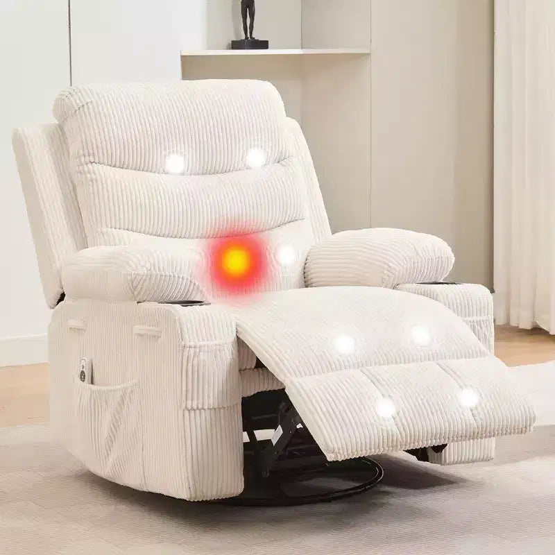Drehbarer Relaxsessel mit Massage- & Heizfunktion, 360°-Gleiter mit Getränkehaltern & Seitentaschen, Ergonomisches Lounge-Sofa für Wohnzimmer, Wohnmobil, Kinderzimmer