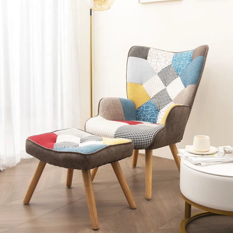Akzentsessel mit Ottoman, Wohnzimmersessel und Ottomane Set, Bequemer Seitenlehnsessel für Schlafzimmer, Kreative Spleiß-Stoffoberfläche