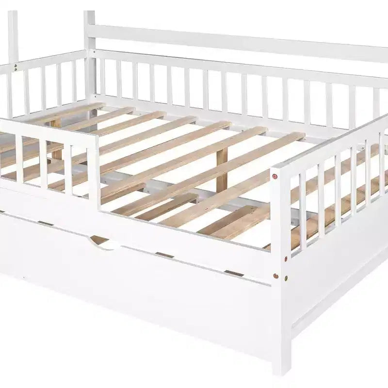 Acekool Hausbett in voller Größe mit ausziehbarem Doppelbett, Schubladen und Regalen, Dach und Zaun, Kinderplattformbett, Weiß
